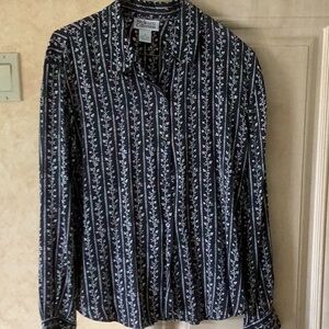 100% SILK Black & White Button Down Collared Blouse Washable Long Sleeve Size 10